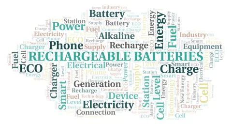 Rechargeable Batteries typography word cloud create with the text only. Stock Illustration