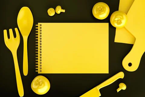 Recipe book on a kitchen table. Top view. 3D illustration Illustrazione stock