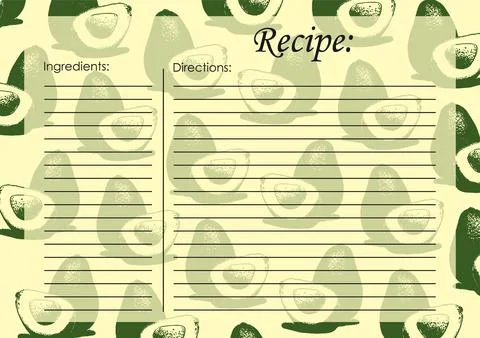 Recipe card template, empty blank. Cartoon recipe card template with avocad.. Illustrazione stock