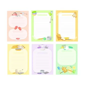 Recipe Cards with Kitchen Items and Lines Vector Template Set Stock Illustration