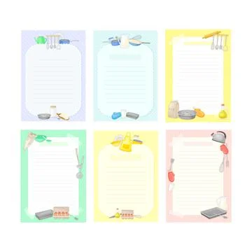 Recipe Cards with Kitchen Items and Lines Vector Template Set Stock Illustration