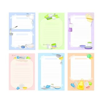 Recipe Cards with Kitchen Items and Lines Vector Template Set Stock Illustration