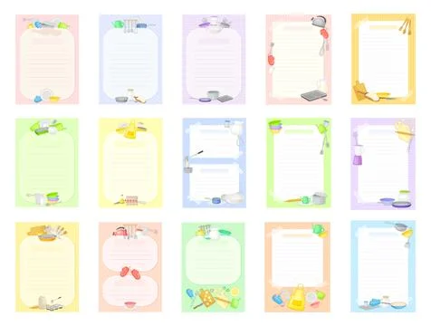 Recipe Cards with Kitchen Items and Lines Big Vector Set Stock Illustration