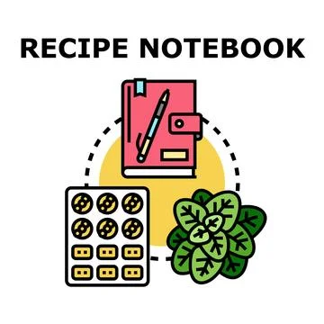 Recipe notebook with ingredients for baking dessert Ilustración de archivo