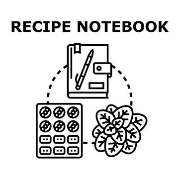 Recipe notebook with ingredients for baking dessert Ilustración de archivo