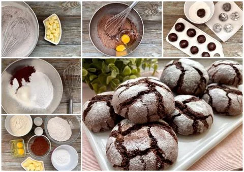 Recipe, step by step chocolate chip cookies with cracks, in powdered sugar Stock Photos