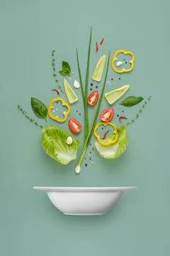 Recipe of vegetable salad organized into component parts Stock Photos