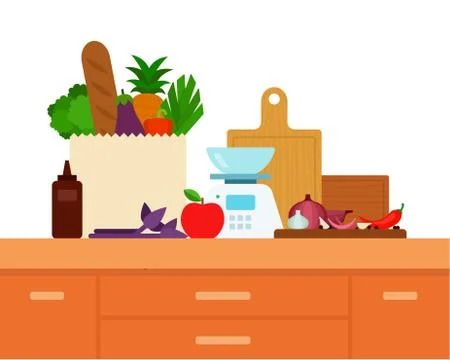 Recipes online. Vector flat illustrations. Home cooking concepts, set products Stock Illustration
