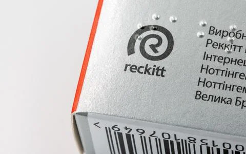 Reckitt logo on pharmaceutical product packaging closeup. Stock Photos