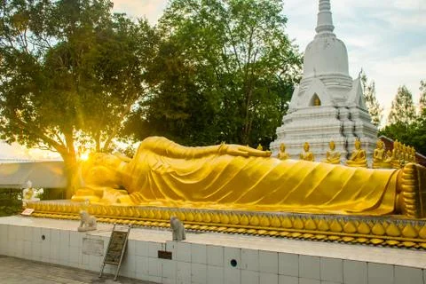 Reclining Buddha statue in Wat Khao Chedi on Koh Samui in Thailand Stock Photos
