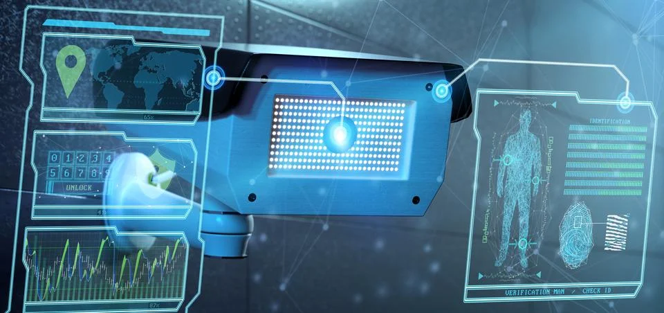 Recognition and detection software on a security camera system - 3d rendering Illustration