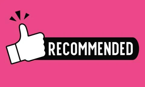 Recommend icon design. Red label recommend with thumb up icon in trendy flat Stock Illustration