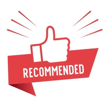 Recommend icon design. Red label recommend with thumb up icon in trendy flat Stock Illustration