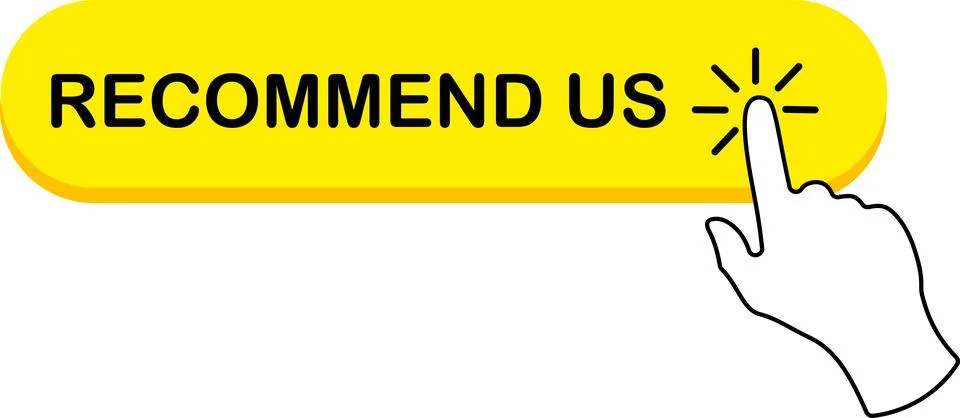 Recommend us yellow oval button shape with hand pointer Illustrazione stock