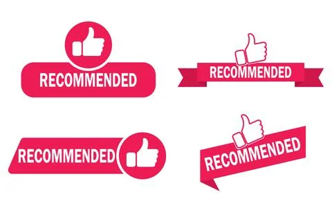 Recommended badge labels vector set with pink banners and white thumbs Stock Illustration