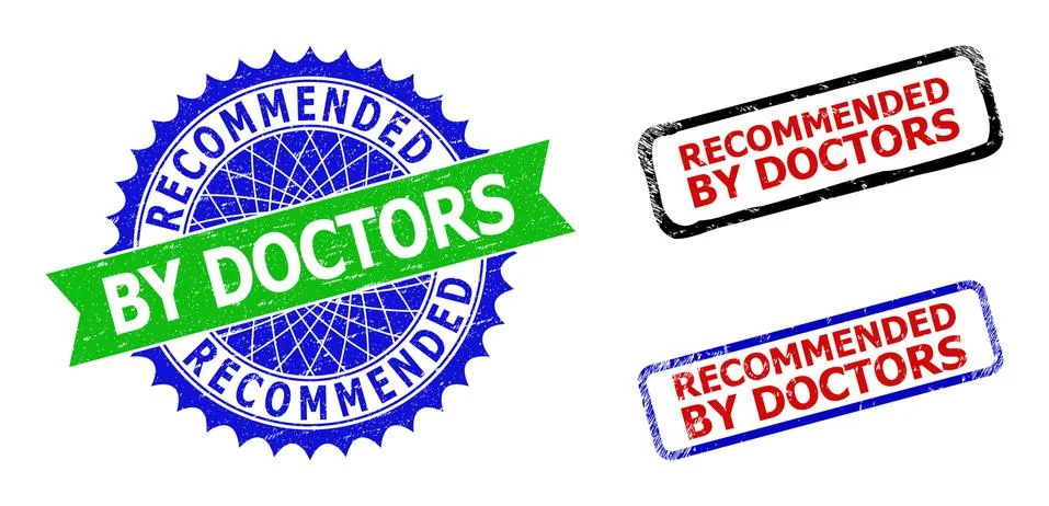 RECOMMENDED BY DOCTORS Rosette and Rectangle Bicolor Badges with Scratched Stock Illustration