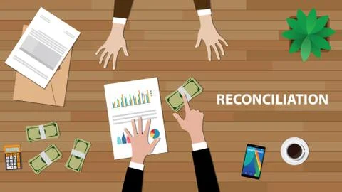 Reconciliation white text illustration with two people discussion with money Stock Illustration