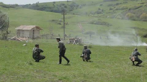 Reconstruction of the battle. The Second World War. Editorial Stock Footage 25850792