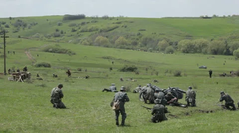 Reconstruction of the battle. The Second World War. Editorial Stock Footage 25850827