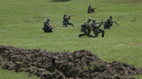 Reconstruction of the battle. The Second World War. Editorial Stock Footage 25850848