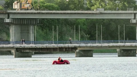 Reconstruction of a bridge over river Stock Footage 75853575