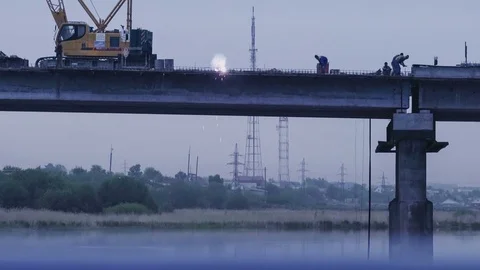 Reconstruction of a bridge over river. Timelapse Stock Footage 74344583