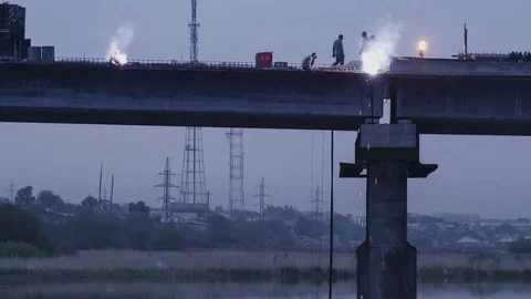Reconstruction of a bridge over river. Timelapse Stock Footage 74345357