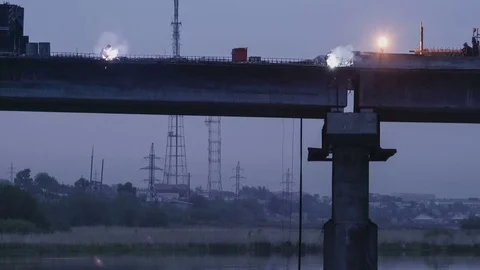 Reconstruction of a bridge over river. Timelapse Stock Footage 74346386
