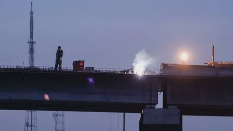 Reconstruction of a bridge over river. Timelapse Stock Footage 74349083