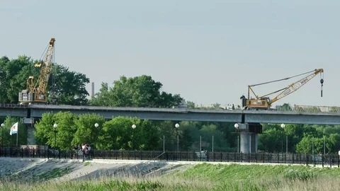 Reconstruction of a bridge over river. Timelapse Stock-Footage 75849813