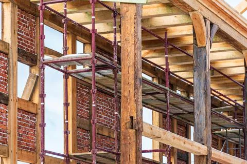 Reconstruction of an building with an old skeleton half-timbered structure Stock Photos