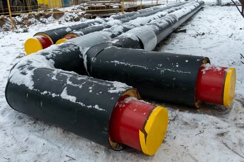 Reconstruction of central heating system pipes during severe frost. Repair an Stock Photos