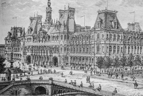 Reconstruction of fire monuments in 1871: Hotel de Ville de Paris, 1861-1875, Stock Illustration