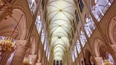 Reconstruction interior of Notre-Dame de Paris cathedral with vaulted ceiling Stock Footage 302523068