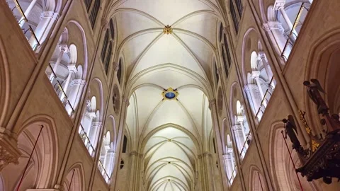 Reconstruction interior of Notre-Dame de Paris, ceiling details, people during Stock Footage 302856279