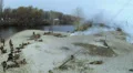 Reconstruction of military scene period 1943 year WW2 in Ukraine. Aerial sce HD Footage