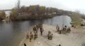 Reconstruction of military scene period 1943 year WW2 in Ukraine. Aerial sce HD Footage