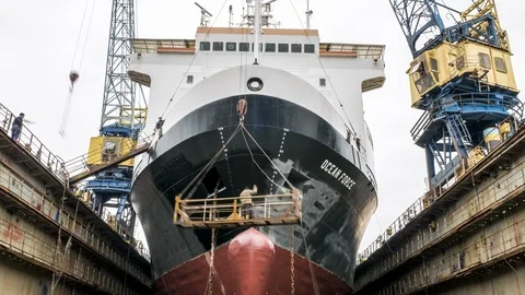 Reconstruction of river sea vessel at the shipyard Stock-Footage 87013473