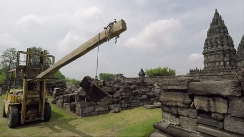 Reconstruction of ruined temples, Prambanan, Java, Indonesia Stock Footage 150452025