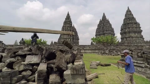 Reconstruction of ruined temples, Prambanan, Java, Indonesia Stock Footage 150479783