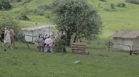 Reconstruction. Soviet village beginning 40s. Editorial Stock Footage 25862546
