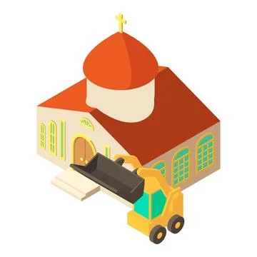 Reconstruction work icon isometric vector. Mini bulldozer near church building Stock Illustration