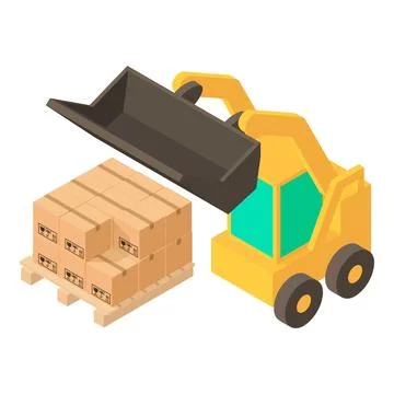 Reconstruction work icon isometric vector. New mini bulldozer near wooden pallet Stock Illustration