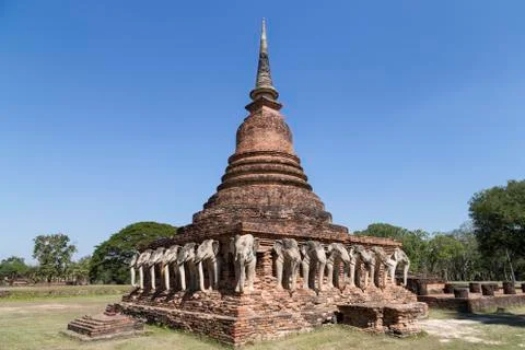 Reconstucted Elephants at Wat Sorasak Stock Photos