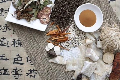 RECORD DATE NOT STATED Above Vew of Chinese Herbs and Script Beijing China... Stock Photos