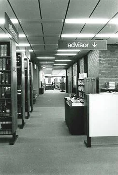 RECORD DATE NOT STATED Advisor , Public libraries, Interiors, Bookstacks, ... Stock Photos