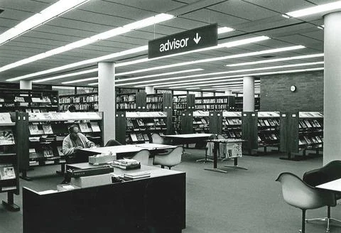 RECORD DATE NOT STATED Advisor , Public libraries, Interiors, Bookstacks, ... Stock Photos