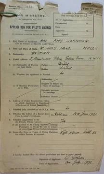 RECORD DATE NOT STATED  Amy Johnsons Pilot Licence (MH12/5968/2) To celeb.. 스톡 사진