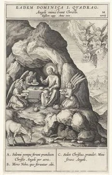 RECORD DATE NOT STATED  Angels take care of Christ, Hieronymus Wierix, Aft... 스톡 사진