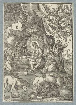 RECORD DATE NOT STATED  Angels take care of Christ, 1629 print After his t... 스톡 사진